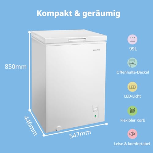 Comfee Gefriertruhe 99L, 4-Sterne-Gefrieren, Kühl-/Gefrier-Konvertierung (1–10°C /-24––12°C), Leise 38dB, 24‑h‑Schnellgefrierung 4,5 kg, Inverter-Kompressor, 169 kWh pro Jahr, für Küche & Garage