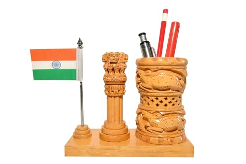Image of MV Son's Pen Stand for Office Table Desk Decorative Item - Wooden Pen Stand for Study Table with Ashok Stambh and National Indian Flag
