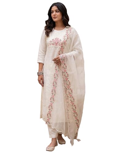 Image of INDO ERA Solid Straight Pure Cotton Kurta with Pant & Dupatta Set for Women