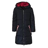  Outburst - Mädchen Winterjacke Mantel gefüttert lang Winddicht mit Kapzue, Reißverschluss und rotes Blue Flame-Schriftzug, dunkelblau – 39495, Größe 140