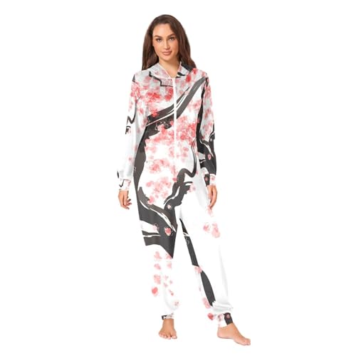 Poeticcity Couples Matching 1 PC Pajama, Unisex Soft Fleece Zip Up Hooded Pjs Jumpsuit Sleepwear Playsuit Lounge-wear(XXL) Red Pink Japanese Cherry Blossom Flowers Black Trunk