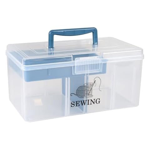 Yomjarl Plastic Sewing Supplies and Tool Box with Handle 12 inch sewing box organizer 2Tier Art Craft Organizer Storage Box for Medicine,Nail,Hair Accessories Makeup Organizer and Family First Aid Box Cover