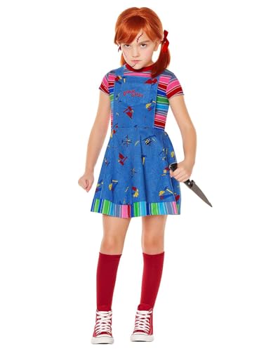 Spirit Halloween officially licensed girls Chucky dress Child Small with 2-in-1 dress wig and knee-high socks