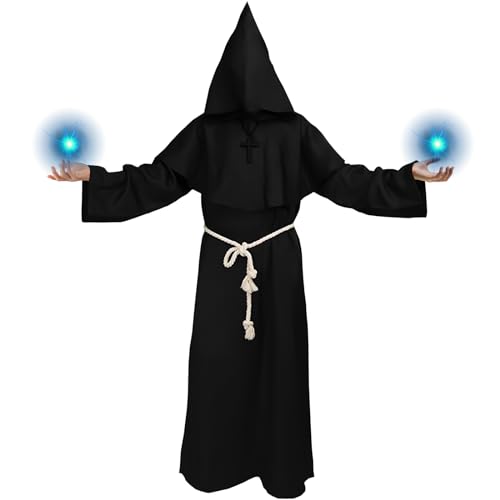 Mönch Kostüm Herren Frauen, Halloween Priester Kostüm Herren, Mönchskutte Pfarrer kostüm mit Kreuz-Halskette und Taillenseil, Mönch Robe Pfarrer Kostümfür Halloween party, Mottoparty und Karneval