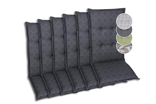 GO-DE Textil Bequeme und attraktive Polsterauflagen für Hochlehner-Gartenstühle (6er-Set, Rautenlinien anthrazit, Hochlehner)