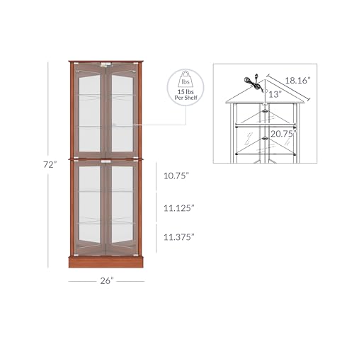 Image of BELLEZE Lighted Corner Display Curio Cabinet Wooden Shelving Unit with Tempered Glass Door, Bar and Liquor Storage Area with 6 Shelves - Woody (Oak)