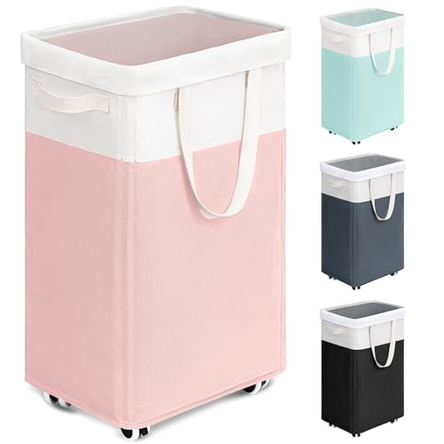 Image of Goodpick Laundry Basket with Wheels, 75L Tall Clothes Hamper, Large Laundry Basket with Removable Wash Bag for Corner Dorm, Rolling Hamper, Pink&White