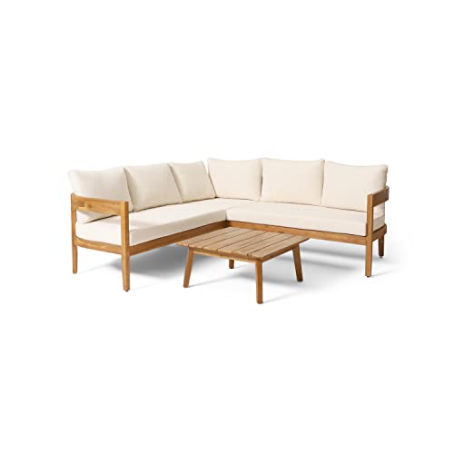 Brooklyn Outdoor 5 Seater Sectional Sofa Chat Set with Cushions - Acacia Wood - Teak/Beige