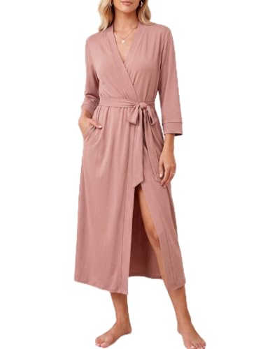 Image of Ekouaer Women Robes Long Knit Bathrobe Lightweight Soft Kimono Robes Casual Ladies Loungewear with Pockets