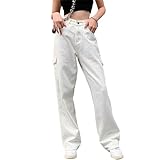LONGYIDA Baggy Jeans for Women Y2K Stretch High Waisted Straight Wide Leg Denim Jeans Casual Cargo Pants Trousers(White,L)