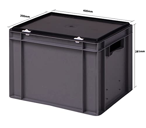 1a-TopStore Stabile Profi Aufbewahrungsbox Stapelbox Eurobox Stapelkiste mit Deckel, Kunststoffkiste lieferbar in 5 Farben und 21 Größen für Industrie, Gewerbe, Haushalt (grau, 40x30x28 cm)