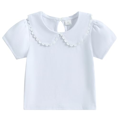 Toddler Baby Girls Ruffle Doll Collar Shirt Puff Short Sleeve Basic Solid Color Top Blouse Tee