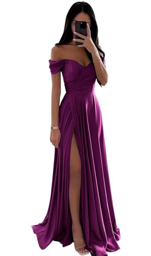 Fair Lady Bridesmaid Dresses for Women Long Satin Ruffle Off The Shoulder Formal Evening Party Gowns with Slit