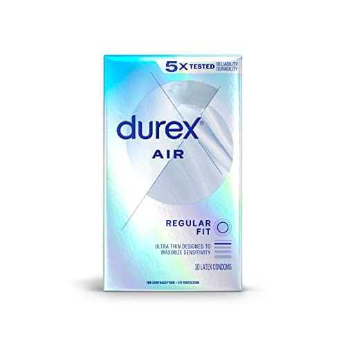 Durex Air Condoms, Extra Thin, Transparent Natural Rubber Latex Condoms for Men, Regular Fit, FSA & HSA Eligible, 10 Count
