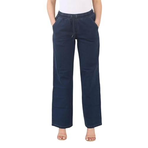 MYT Womens Wide Jeans Elasticated High Waist Stretchy Baggy Straight Ladies Denim Trousers Pants All Waist Size Dark Stonewash 18