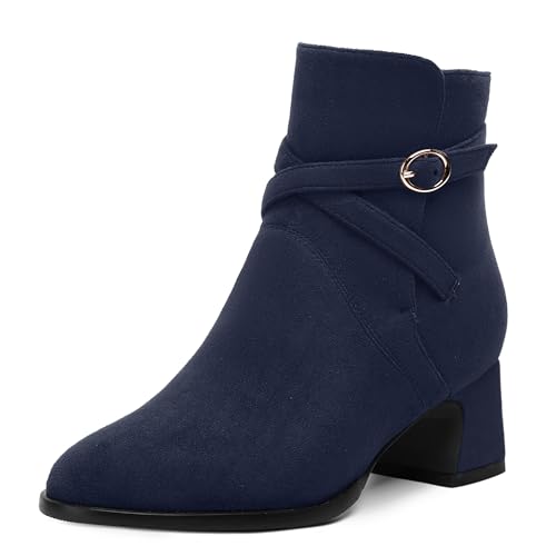 NUMALEO Womens Buckle Ankle Strap Dating Round Toe Casual Suede Fashion Chunky Low Heel Ankle High Boots 2 Inch