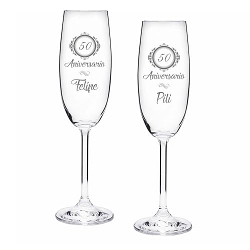 Gala&K | Set de 2 copas de cristal para champán | Para novios | Bodas de plata/oro | Aniversarios | Colección GASTRO-50 ANIVERSARIO+GRABADO LASER | Grabación personalizada.