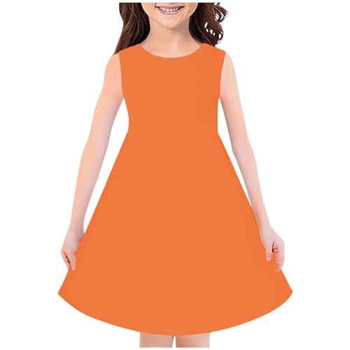 Vestidos de verano para niñas, de color sólido, acampanados, sin mangas, casual, vestido de fiesta, vestidos fluidos para niñas, naranja, 11-12 años