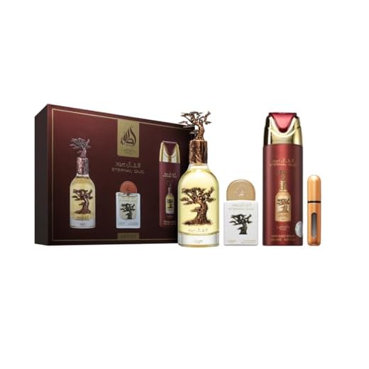 Lattafa Eternal Oud Gift Set, Perfume Árabe Unisex de Larga Duración, Incluye EDP 100ml + Mini Perfume 20ml + Desodorante 200ml + Atomizador, Fragancia Ambarada Vainilla con Oud (Eternal Oud Gift Set)