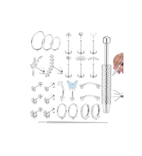 Adramata 27 Piezas Piercing Oreja Acero Quirurgico Piercing Nariz Tragus Helix Labret para Múltiples Piercings Hipoalergénico Pendientes Mujer Plata/Oro/Oro rosa