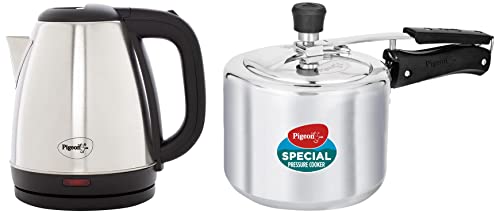Pigeon By Stovekraft Non Induction Base Aluminium Inner Lid Pressure Cooker, 14459 (3 Liter) & Amaze Plus Electric Kettle 1.5 L, 1500 Watt, Stainless Steel Body With Auto Shut-Off Feature