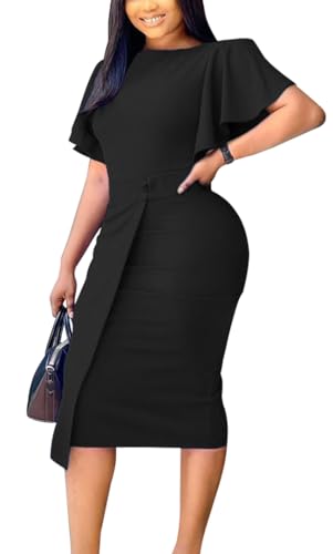 WUSENST Women's Elegant Basic Bodycon Ruffle Flared Short Sleeve Solid Crew Neck Pencil Midi Dress