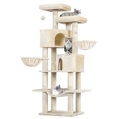 MSmask Kratzbaum groß, 180 cm hoch Katzenbaum mit Sisalstämmen, 2 Plattformen, 2 Katzenhöhlen, Korb, Hängematte, Stabiler Katzenkratzbaum, mehrstöckiger Kletterbaum für Katzen, Beige
