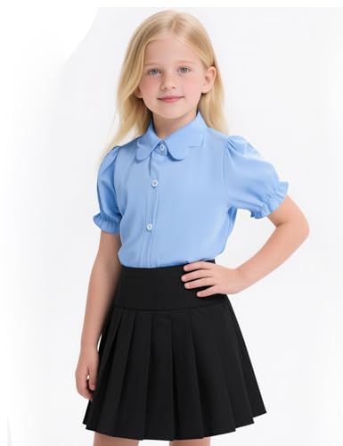 Girls Button Down Shirt Puff Sleeves Blouse Summer Cute Top Doll Collar School Uniform, 4-13Y2
