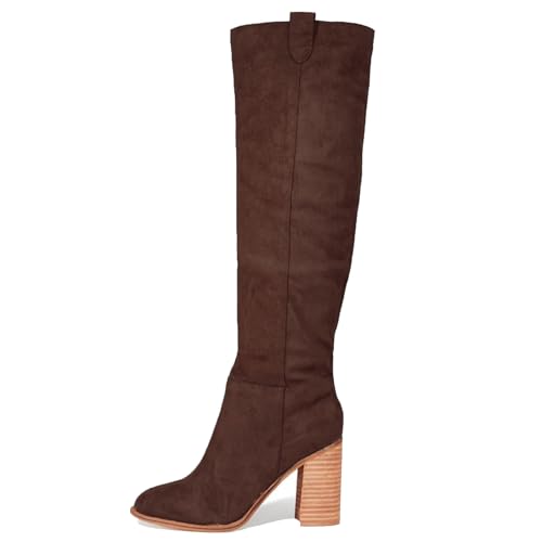 Erocalli Suede Knee-High Boots Fall Boot For Women Chunky Block High Heel Slouch Fashion Boot Round Toe Side Zipper