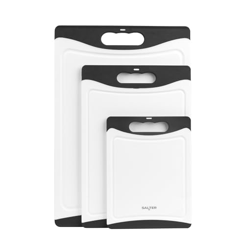 Salter 3-Piece Plastic Chopping Board Set – Set of 3 Double-Sided Cutting Boards, Non-Slip, Easy to Clean, Dishwasher Safe, Food Preparation, Small, Medium, & Large, Meat & Vegetables, Black/White