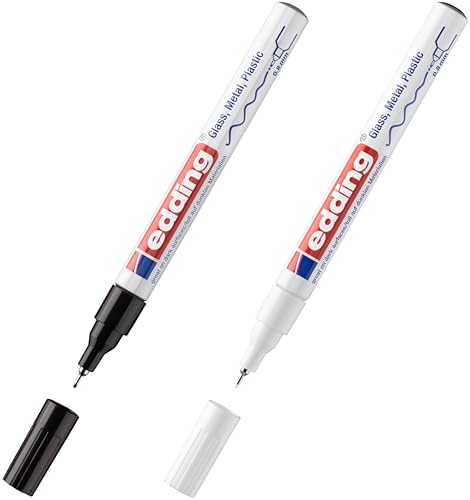 edding 780 Glanzlackmarker - - Packung mit Lackmarker - extra-feine Rundspitze 0,8 mm - Lackstift für Glas, Stein, Holz, Kunststoff und Papier - wasserfest (2 Stifte - Weiß & Schwarz)