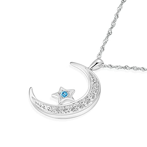 925 Sterling Silver Graduation Gift Moon Necklace Cubic Zirconia Sapphire Necklace Crescent Moon Star Necklace Moon Pendant Dainty 18" Chain Silver Necklace For Women Ladies Girls, Lake Blue #TOP4