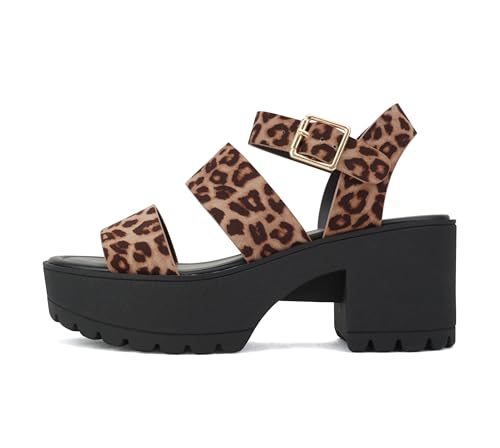 Image of Soda ACCOUNT ~ Women Open Toe Two Bands Lug sole Fashion Block Heel Sandals with Adjustable Ankle Strap