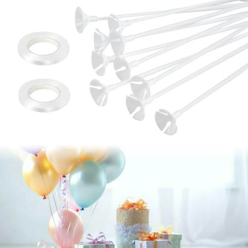 CAREDGO Kit de Support Pour Ballon - 50 PCS Tige Avec 2 Bandes Porte - Bâtons en Plastique Réutilisables Blancs Pour Mariage, Anniversaire, Fête