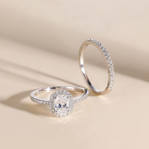 Image of EAMTI 1.5CT 925 Sterling Silver Cubic Zirconia Bridal Rings Sets Oval Cut CZ Engagement Rings Wedding Band For Women Size 4-10