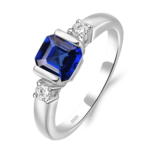 LUO 925 Sterling Silver Asscher Cut Gemstone Ring For Women, 6X6 MM Half Bezel 3 Stones Promise Engagement Ring