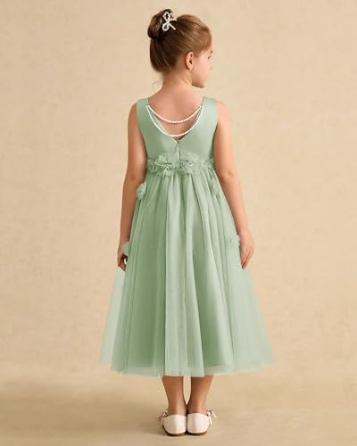Elegant 3D Flower Applique Flower Girl Dresses for Wedding Crewneck Tulle Satin Formal Party Midi Dress with Pearls2