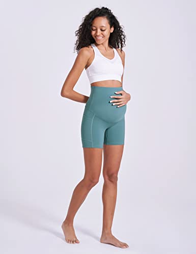 Image of Enerful Women's Maternity Yoga Shorts Over The Belly Comfy Workout Running Active Biker Pregnancy Pants with Pockets 5 inch