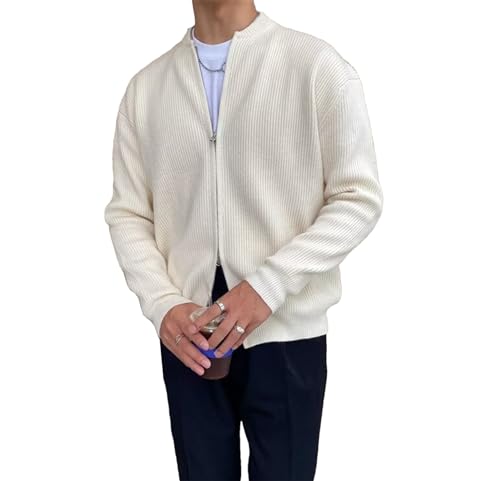 Mens Zip Up Crew Neck Knitted Cardigan Sweater Long Sleeve Slim Fit Fashion Knitwear Solid Color Outerwear for Winter