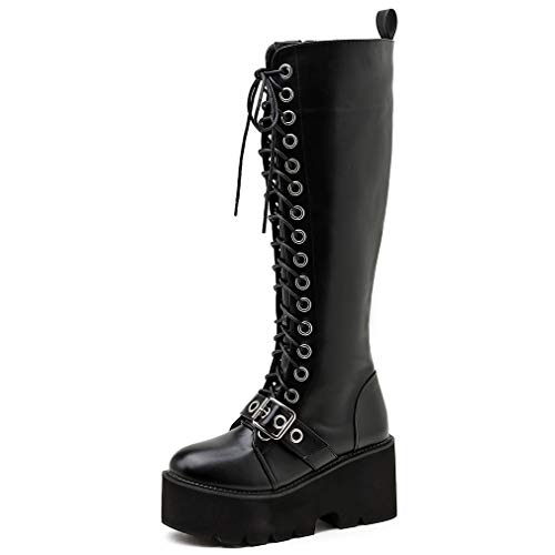 Image of Parisuit Women's Knee High Goth Platform Boots Lace Up Combat Boots | Chunky High Heel, Buckle Boots, Punk Chain Boots