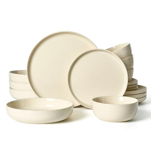 Image of Famiware Milkyway Stoneware Dinnerware Set, 16-Piece, Including Pasta Bowl, Plates and Bowls for Everyday & Formal Dining, Service for 4, Microwave and Dishwasher Safe, Scratch-Resistant, Almond Milk