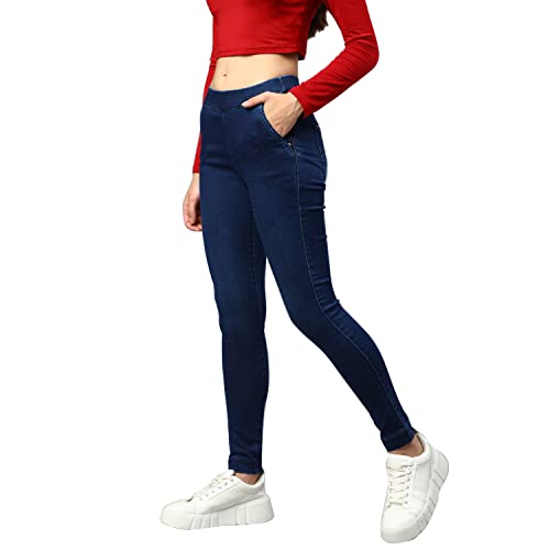 Image of Blue High-Rise Slim-fit Jeggings, has an Elasticated Waistband, has a Slip-on Closure and Four Pockets