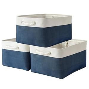 TheWarmHome Collapsible Storage Bin for Shelves – Large 3 Pack 16x12x8 inch Storage Basket for Organizing with Handles, Canves Storage Box for Organizer Toy Closet Cloth Gift (White & Jean Blue)