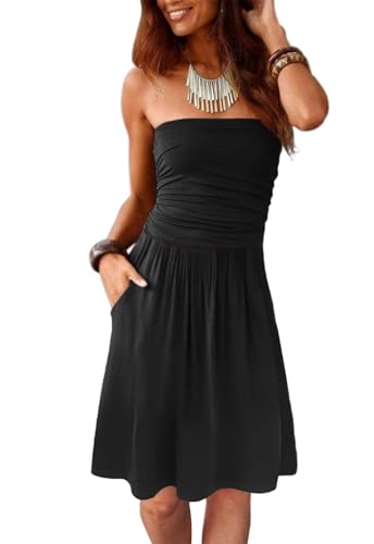 Alaster Queen Women's Bandeau Strapless Summer Dress Cover Up Backless Sunny Beach Sundress with Pockets
