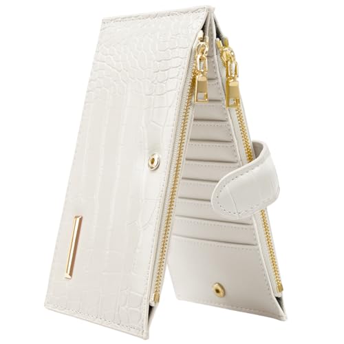 Simikol Wallet Women Crocodile Large Capacity Wallets RFID Blocking Multi Card Organizer Womens Billfold Long Purse Credit Cards Holder with Double Zipper,Beige