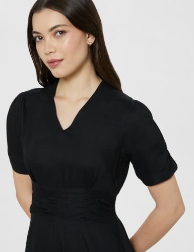 Image of Amazon Brand - Symbol Women's V-Neck Midi Dress | Ruched Waist, Puff Sleeves, A-Line Flared (Available in Plus Sizes)