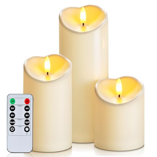 Image of Homemory Flameless Candles with Timer and Remote Control, Battery Operated LED Candles, Realistic Fake Plastic Candles for Wedding, Festival, Home Decor, Waterproof Outdoor, D3 inchH4 inch6 inch8 inch, Dark Ivory
