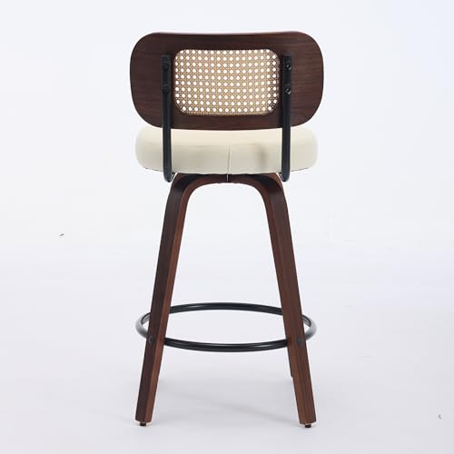 Image of YaFiti Counter Height Bar Stools Set of 3, 26 inch Rattan Counter Height Stools with Upholstered Seat, Walnut Craftsmanship, Swivel Counter Stools for Island /Kitchen /Counter /Bar (Pearl White)