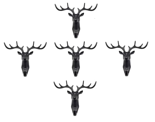 Image of Deer Head Wall Hooks Behind Door Keys Coat Hangers Self Adhesive Wall Door Hook Hanger Bag Keys Sticky Holder Plastic for Home, Living Room, Bedroom, Bathroom (Pack of 5, Black)