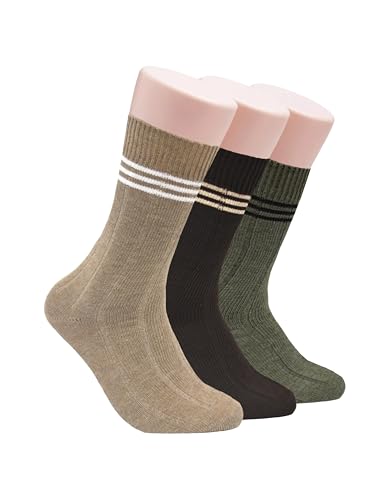 Clarks Men's Casual Striped Crew Socks with Wide Rib 3 Pair, Brown/Khaki/Olive, Men's 7-12 Shoe